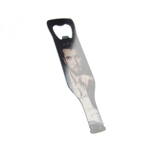 Bottle opener in the shape of a bottle with your personal motif imprint