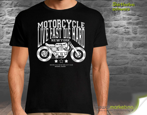 Biker T-shirt with motif - MOTORCYCLE LIVE DIE HARD - optionally with additional print