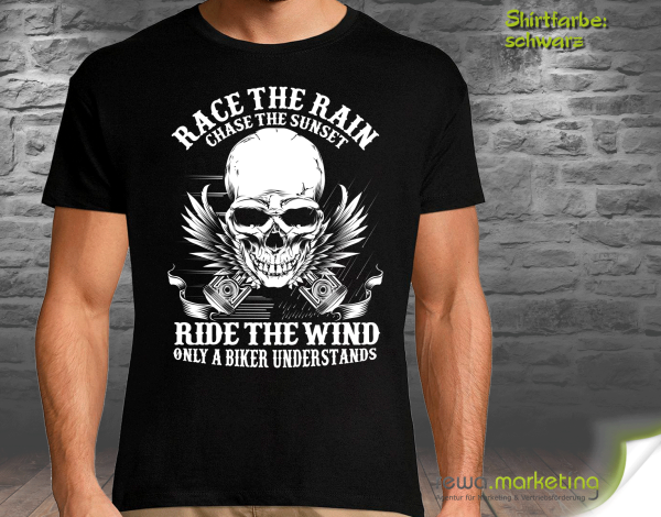 Biker T-shirt with motif - RACE THE RAIN RIDE THE WIND - optionally with additional print