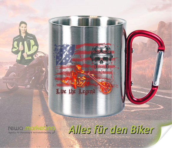 Stainless steel mug with carabiner handle for bikers with motif - Live the Legend