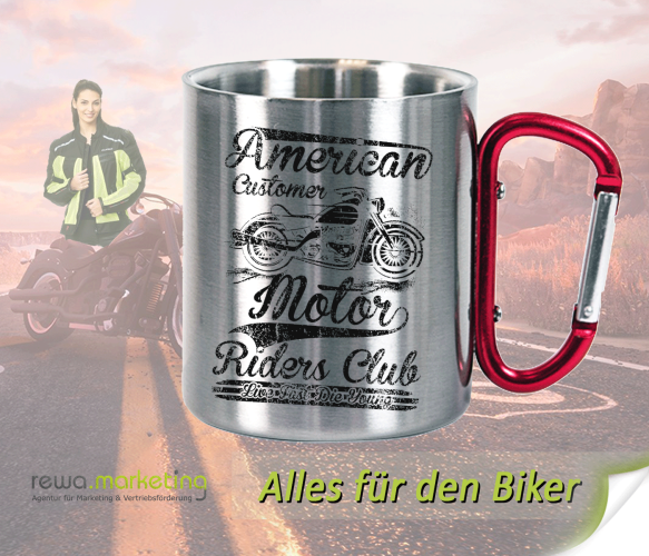 Stainless steel mug with carabiner handle for bikers with motif - American Costomer Motor Riders Club