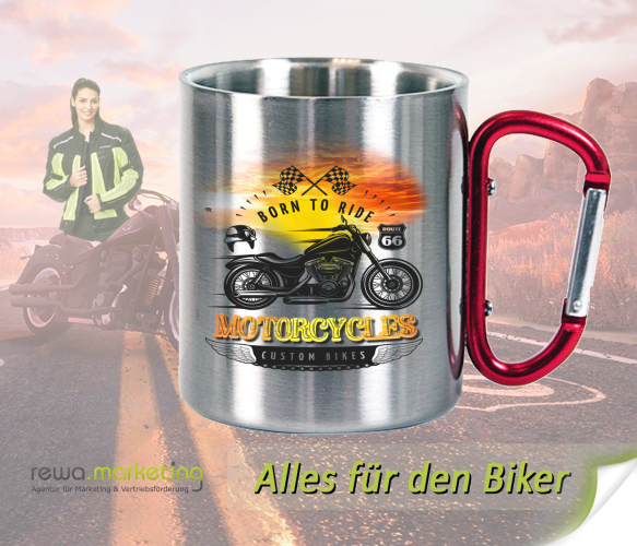 Stainless steel mug with carabiner handle for bikers with motif - Born to Ride MOTORCYCLES