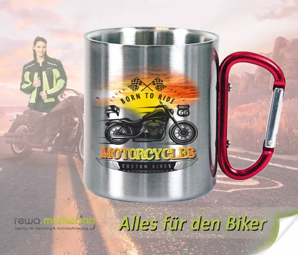 Thermobecher aus rostfreiem Stahl mit Karabiner- Henkel für Biker mit Motiv - American Costomer Motor Riders ClubBecher aus rostfreiem Stahl mit Karabiner- Henkel für Biker mit Motiv - Born to Ride MOTORCYCLES