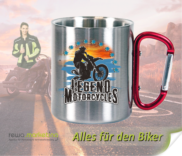 Stainless steel mug with carabiner handle for bikers with motif - Legend Motorcycles