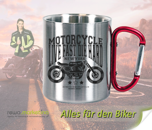 Stainless steel mug with carabiner handle for bikers with motif - Motorcycle LIVE FAST DIE HARD
