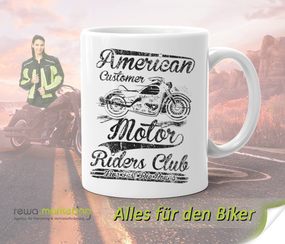 Keramik Kaffeetasse / Becher für Biker mit Motiv - American Costomer Motor Riders Club