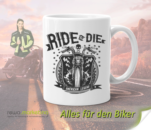 Ceramic coffee cup / mug for bikers with motif - Ride or Die - AMERICAN LEGEND