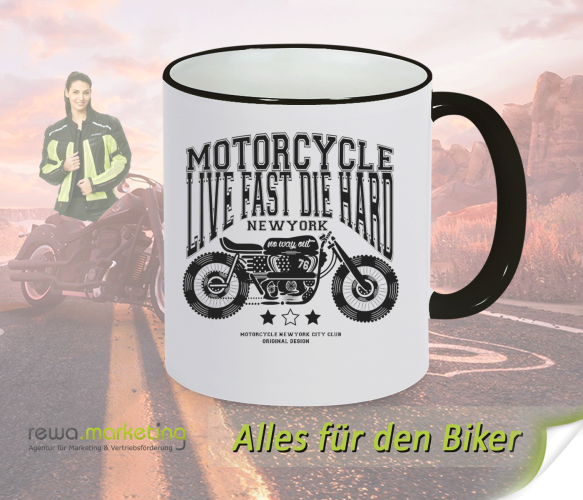 Ceramic Ring coffee cup black - white for bikers with motif - Motorcycle LIVE FAST DIE HARD