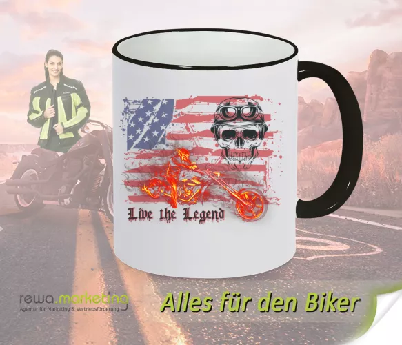 Keramik Ring Kaffee Tasse schwarz - weiss für Biker mit Motiv - Live the Legend