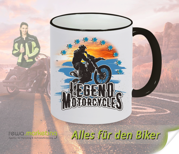 Ceramic Ring coffee cup black - white for bikers with motif - Legend Motorcycles