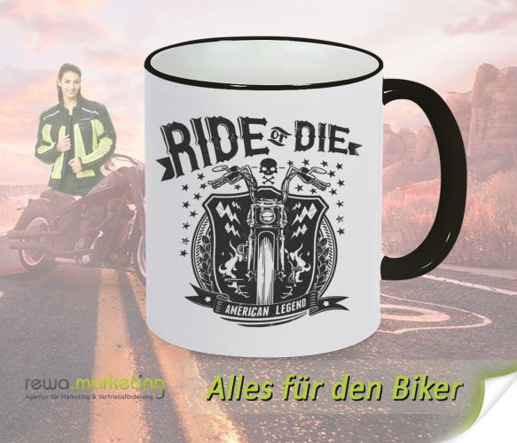 Ceramic Ring coffee cup black - white for bikers with motif - Ride or Die - AMERICAN LEGEND