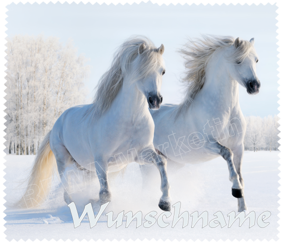Brillenputztuch - 2 weiße Pferde im Schnee mit Wunschnamen