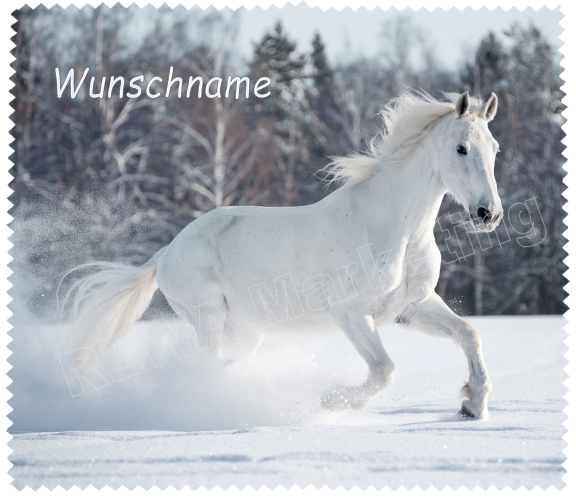 Brillenputztuch - Weißes Pferd im Schnee mit Wunschnamen