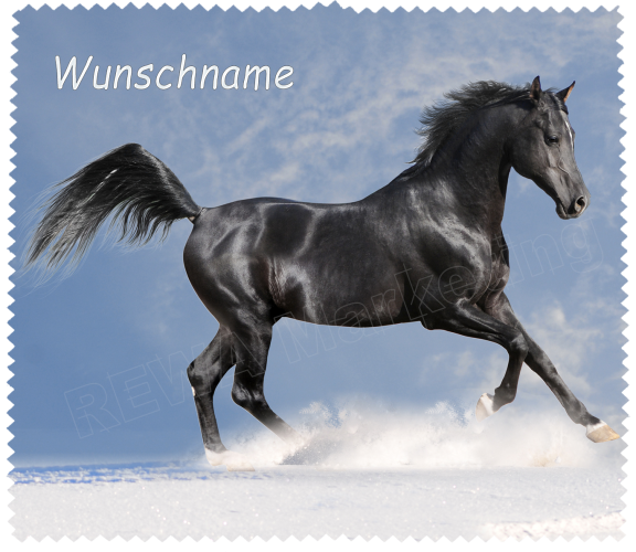 Glasses cleaning cloth - black horse in the snow with desired name
