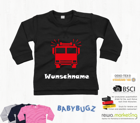 Baby Sweatshirt Langarm - Feuerwehr mit Wunschname