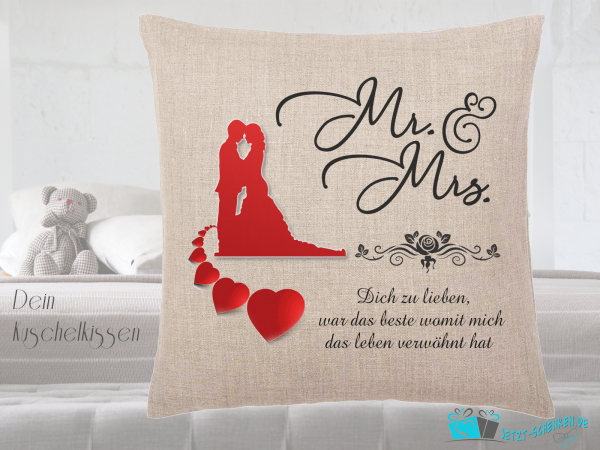Pillow Mr. & Mrs. for lovers with saying and hearts, loving pillow