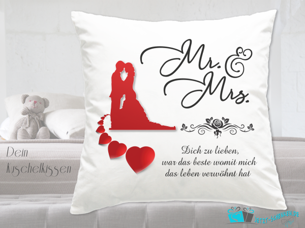 Pillow Mr. & Mrs. for lovers with saying and hearts, loving pillow