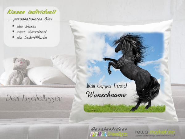 Cushion with horse motif - black stallion rising - incl. desired name