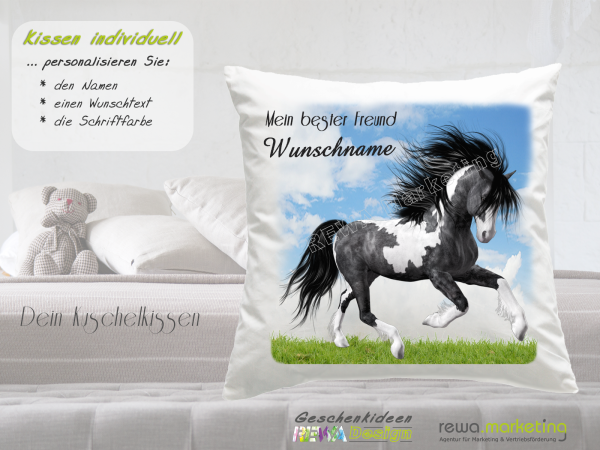 Cushion with horse motif black and white spotted stallion - incl. desired name