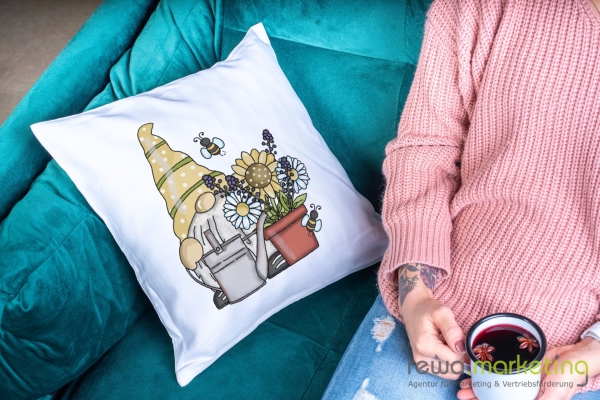 Cuddly pillow - gnome with flowers, bees and watering can