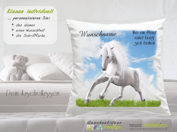 Cushion with horse motif - white horse - incl. desired name