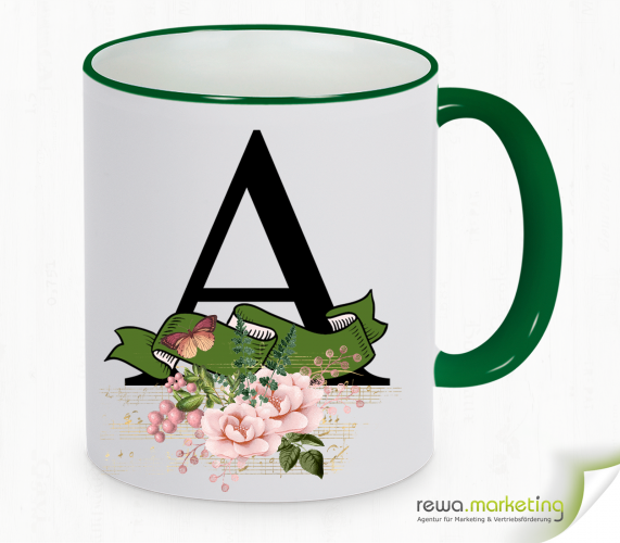 Alphabet cup with banner and flowers