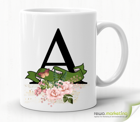 Alphabet cup with banner and flowers