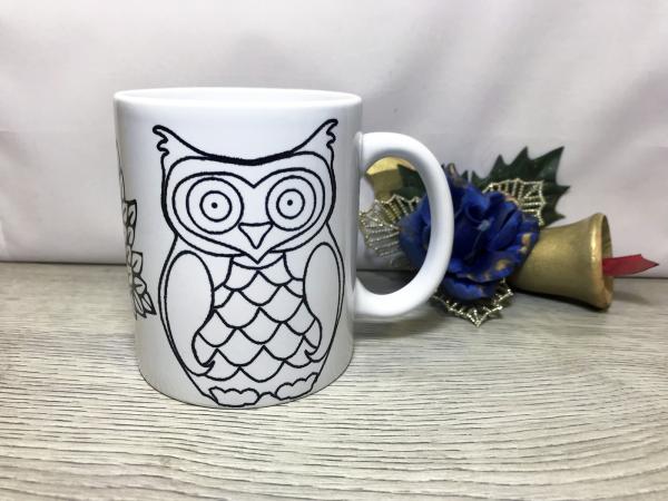 Coloring cup for children - owl with chick and tree