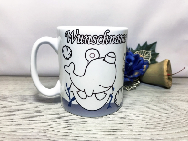 Coloring cup for children - sea world - whale, mermaid and dolphin, including name of your choice