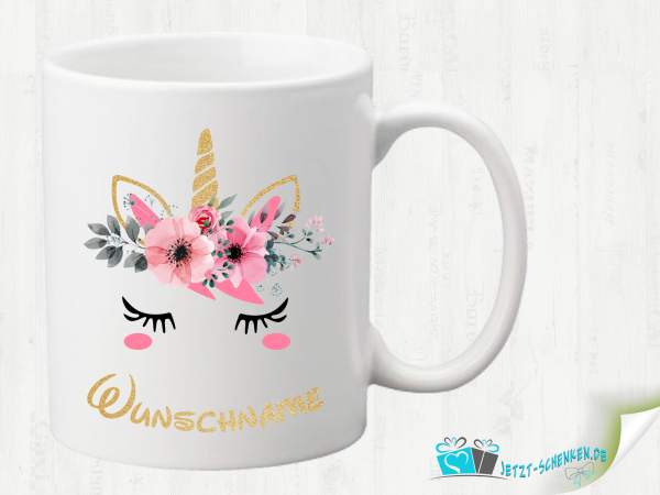 Unicorn tea cocoa cup mug - golden unicorn with flowers