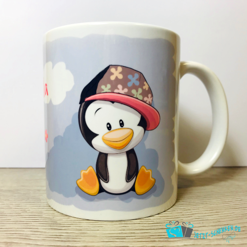 Tea cocoa cup baby penguin with flower incl. desired name