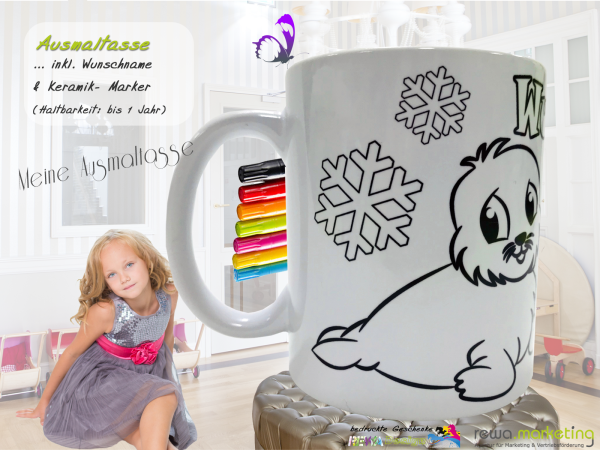 Coloring cup winter with seal and penguin including desired name
