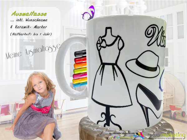 Fashion mug including desired name to color in imaginatively - children's joy is guaranteed