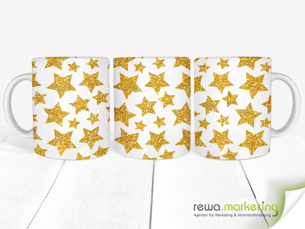 Coffee cup with golden yellow glittering stars - panorama print
