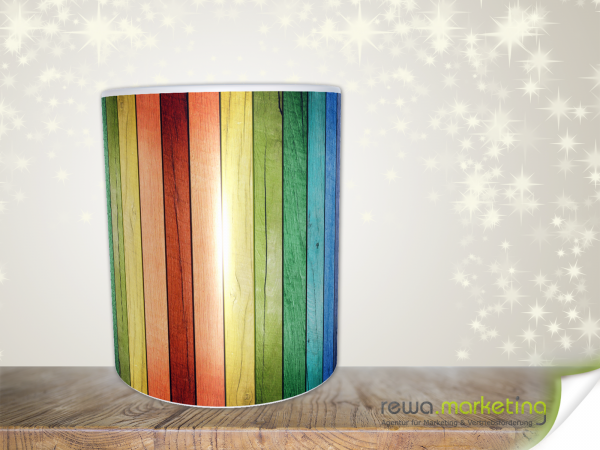 Coffee cup with rainbow fence as a panorama print