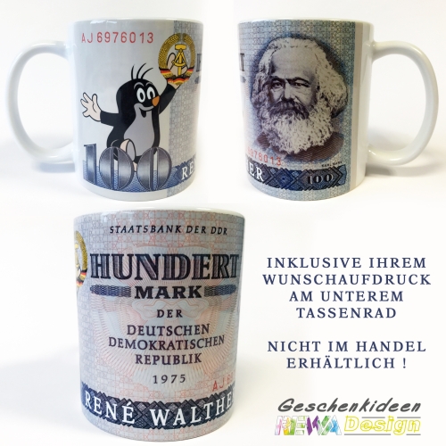 100 DDR Mark Ostalgie Erinnerung Spass Kaffeetasse / Becher inkl. Wunschnamen - Aufdruck