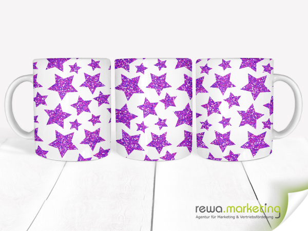 Coffee cup with dark purple glitter stars - panorama print