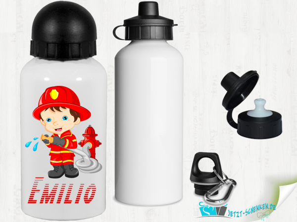 Firefighter with desired name 500 ml aluminum drinking bottle with snap hook