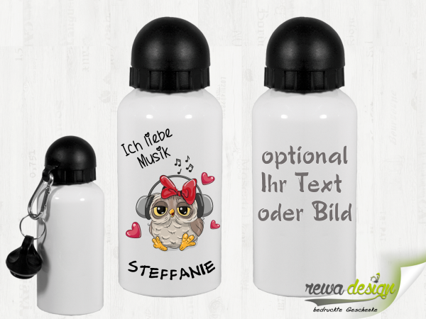 Music owl with desired name 500 ml aluminum drinking bottle with snap hook