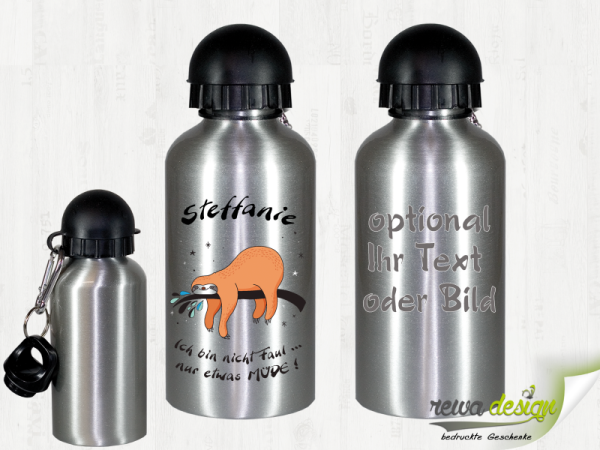 Sloth with desired name 500 ml aluminum drinking bottle with snap hook