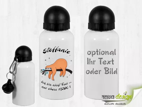 Faultier mit Wunschname 500 ml Alu Trinkflasche mit Karabinerhaken