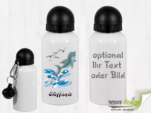 Flipper mit Wunschname 500 ml Alu Trinkflasche mit Karabinerhaken