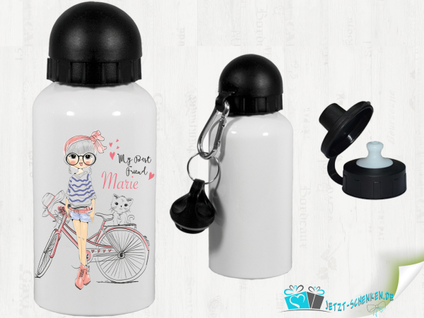 Aluminum drinking bottle - girl on bike tour incl. desired name