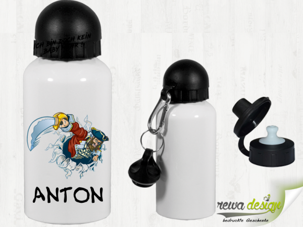 Pirate with desired name 500 ml aluminum drinking bottle with carabiner