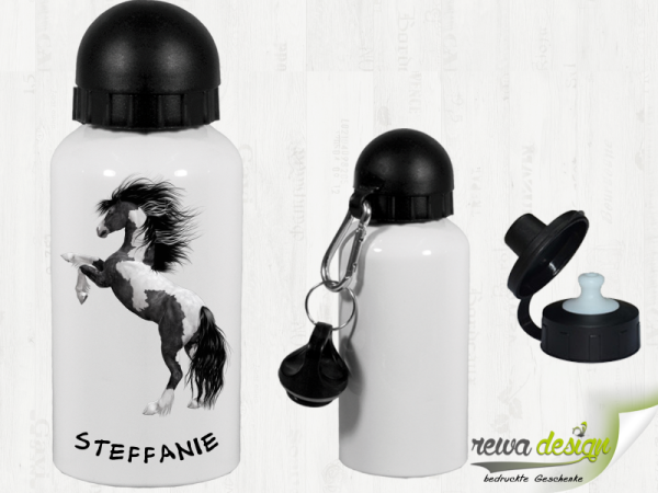 Black - white stallion with desired name 500 ml aluminum drinking bottle with snap hook