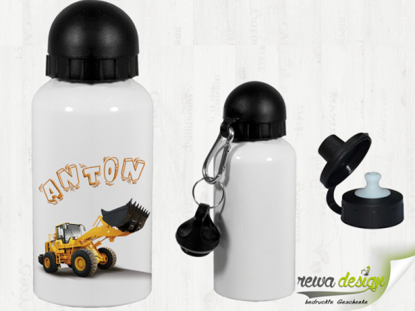 Wheel loader with desired name 500 ml aluminum drinking bottle with snap hook