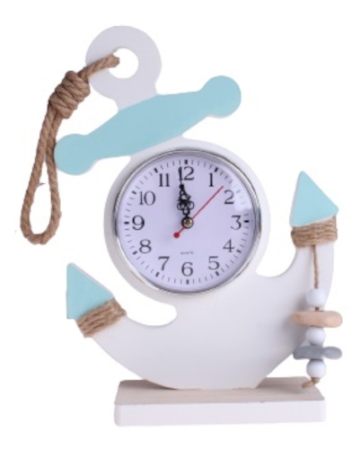 Decorative table clock in anchor made of wood, turquoise