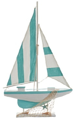 Decorative wooden sailing boat in turquoise