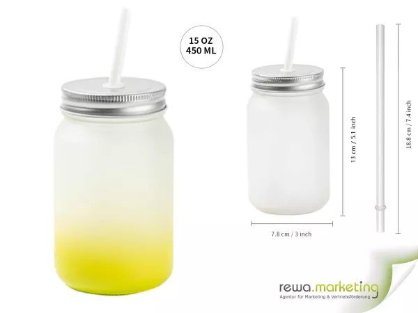 Trinkbecher - Mason Jar - satiniert mit Strohhalm in Limonengelb