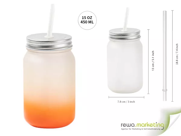 Trinkbecher - Mason Jar - satiniert mit Strohhalm in Orange